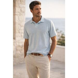 NWT SWIMS Men's Lino Dust Blue Polo Linen Blend Sz L SWK499LN MSRP $125.00
